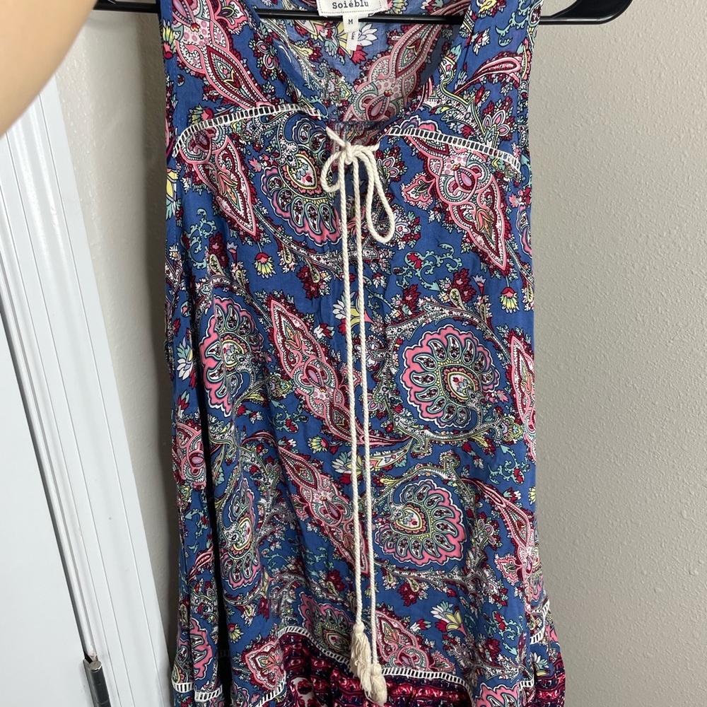 Soieblu Blue Paisley Boho Sleeveless Tassel Tie Dress Tunic Dress Size M - Picture 6 of 8